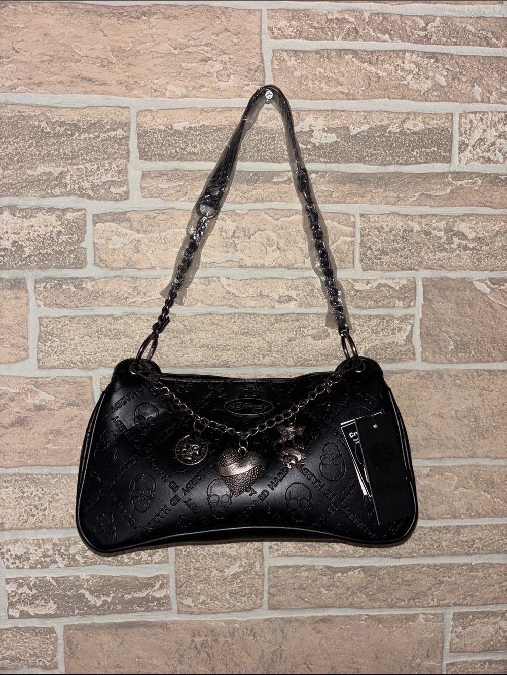 Viral Ed Hardy Black skull Shoulder Bag w/Chain Charm Accent heart, skull & rose